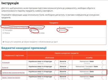 Вибір спеціальності за наявними сертифікатами ЗНО